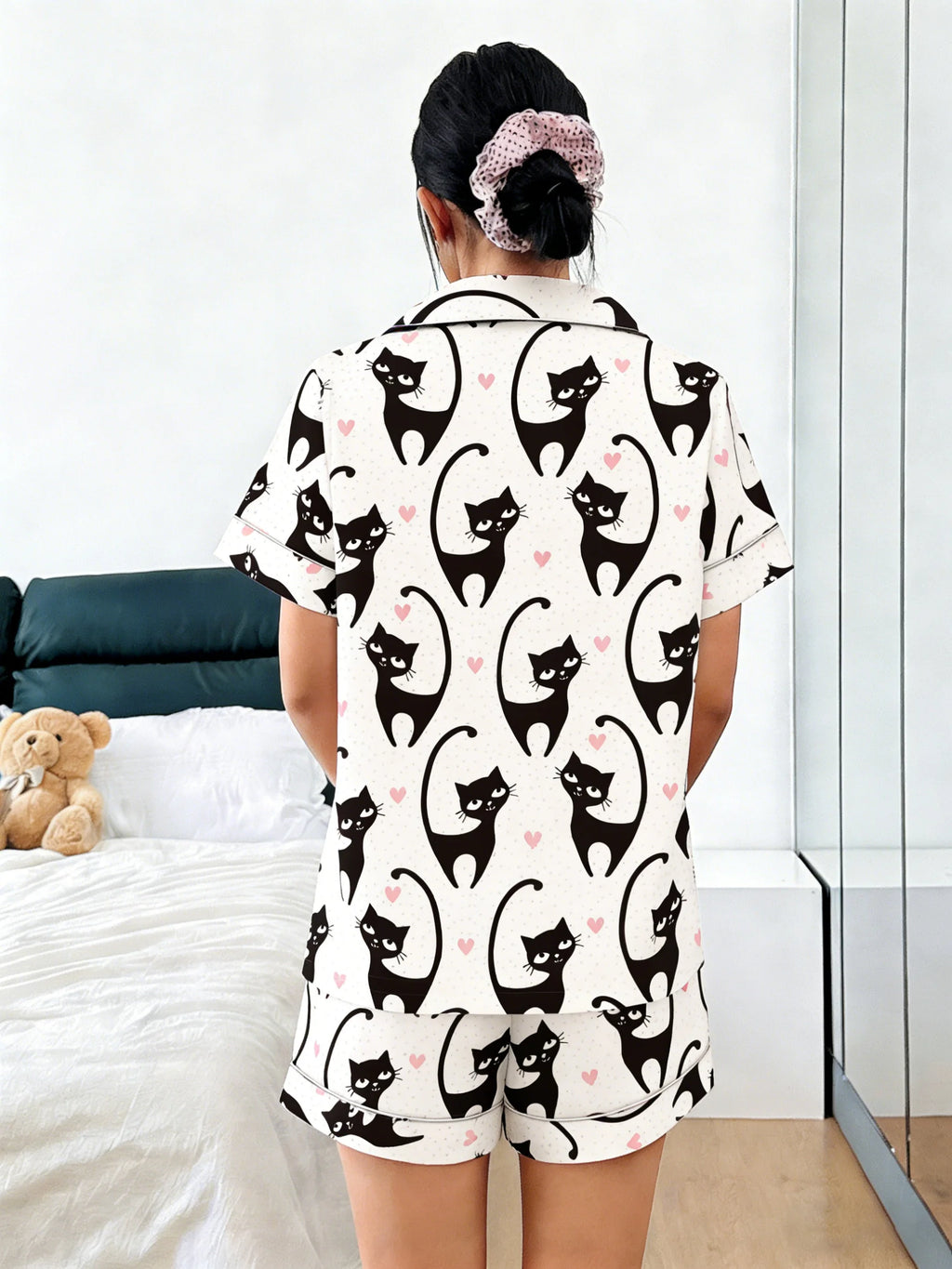 Women Pajamas Cardigan Lapel Short Sleeve Shorts 2 Piece Set Spring Summer Cute Cat Heart Print Loungewear