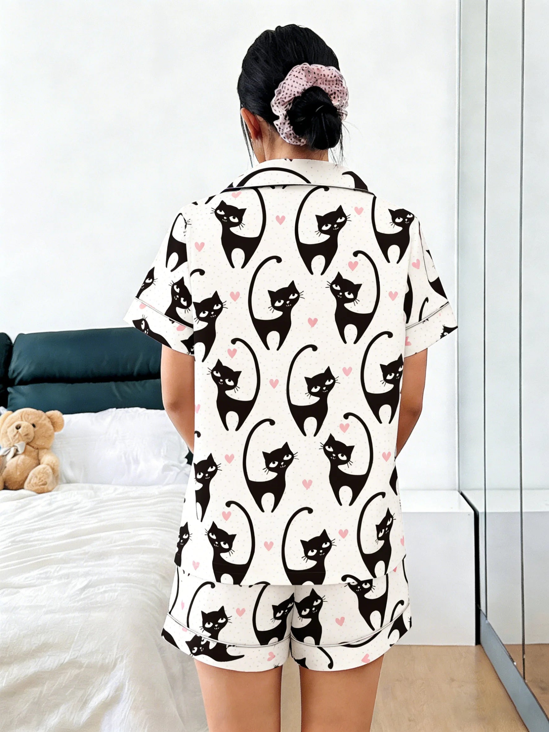 Women Pajamas Cardigan Lapel Short Sleeve Shorts 2 Piece Set Spring Summer Cute Cat Heart Print Loungewear