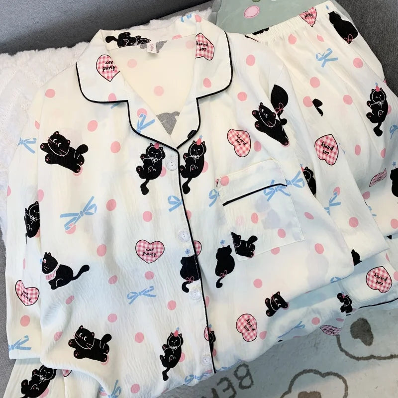 Love Cat Bow Tie Dot Print Kawaii Set 2 Piece Woman Pajamas Harajuku Style Sweet Cute Women's Pajamas Casual Spring Sleepwear