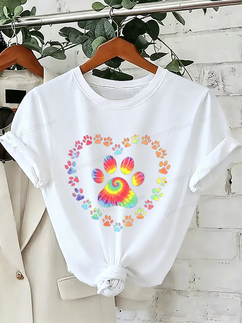 Dog Paw Print Heart Animal Lover T-Shirts Colorful Dog Paw Colorful Dog Paw Shirts Heart Anime Women's T-Shirts Short Sleeve