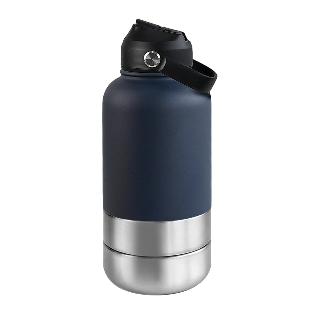 OKKPETS 32Oz Portable 3 in 1 Pet Water Bottle Stainless Steel Pet Feeder Travel Outdoor 34Oz Multifunc Pet Bowl Dog Food Cup