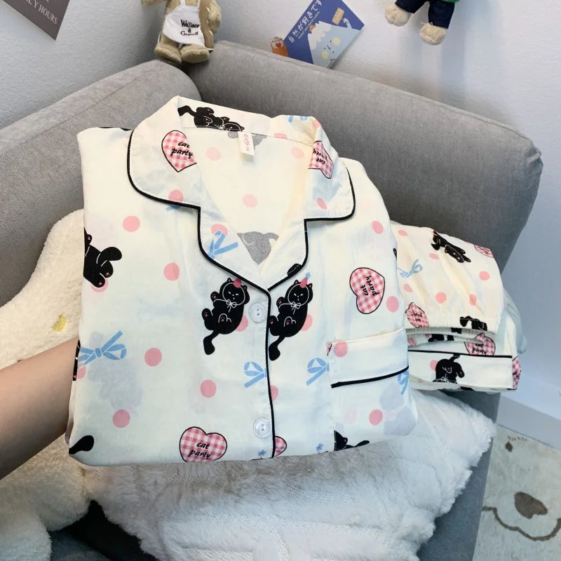 Love Cat Bow Tie Dot Print Kawaii Set 2 Piece Woman Pajamas Harajuku Style Sweet Cute Women's Pajamas Casual Spring Sleepwear