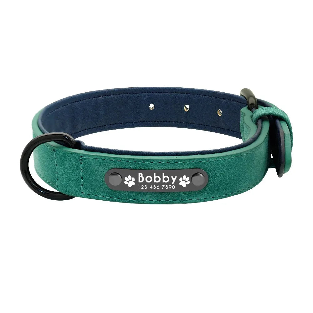 Personalized Leather Dog Collar with Custom Name ID Tag