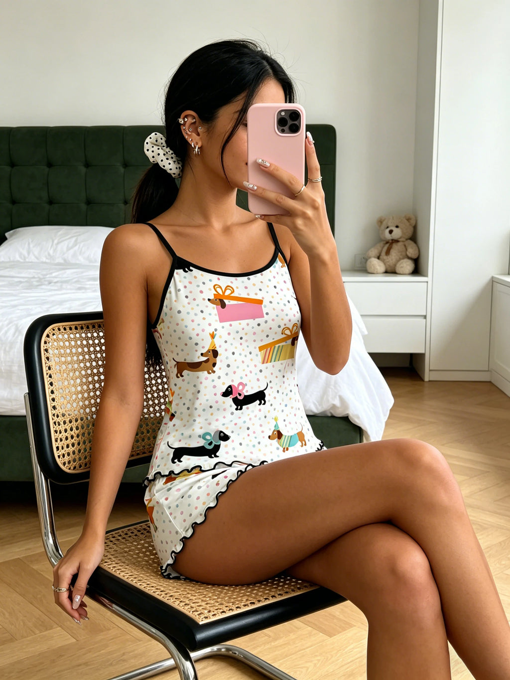 Women 2pcs Pajama Set Spaghetti Strap Ruffle Trim Round Neck Sleeveless Cami & Shorts Spring Summer Fall Cute Dachshund Print