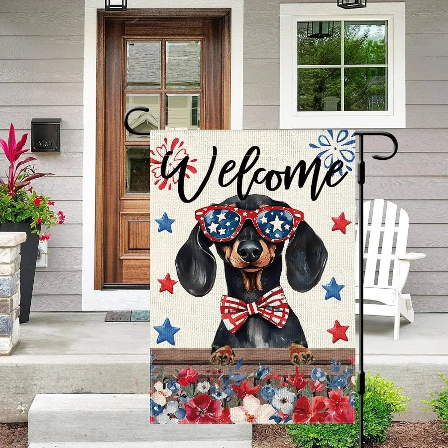1pc 12x18in Independence Day Dachshund Garden Flag Double Sided Patriotic Farmhouse Yard Outdoor Decor