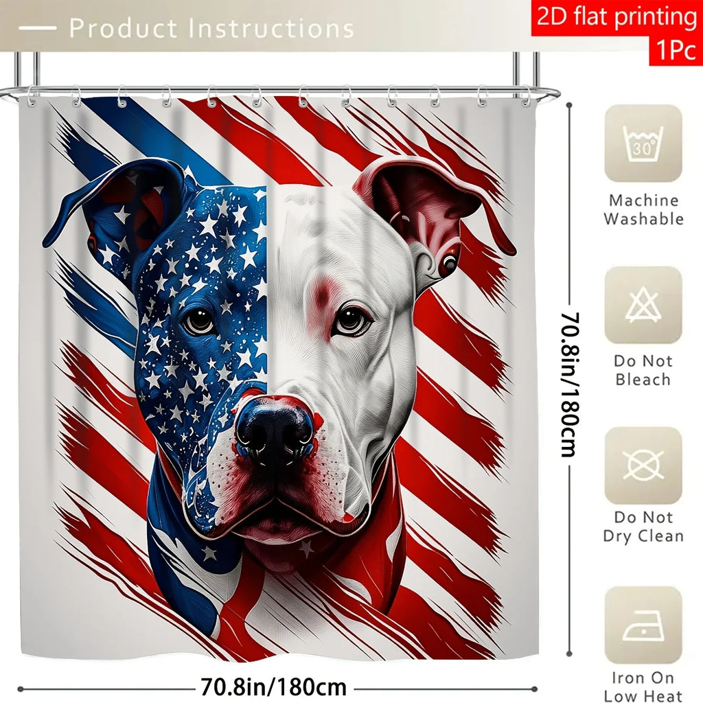 2D Flat Stars Stripes Pitbull Shower Curtain Set Patriotic Bathroom Decor with Hooks Polyester Washable Home Art