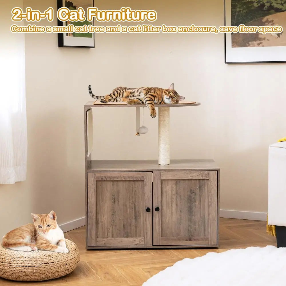 Cat Litter Box Enclosure with Cat Tree, 2in1 Hidden Litter Box with Pad Covered Spacious Top Perch, Sisal Scratching Post and P