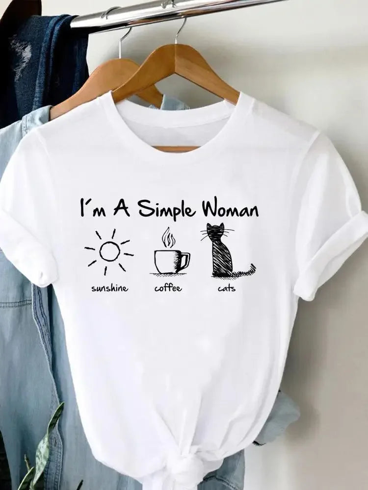 Women's Harajuku Short-Sleeved Graphic T-Shirt Cat Print Aesthetic Top Casual Wear Polyester Fabric Summer Fashion