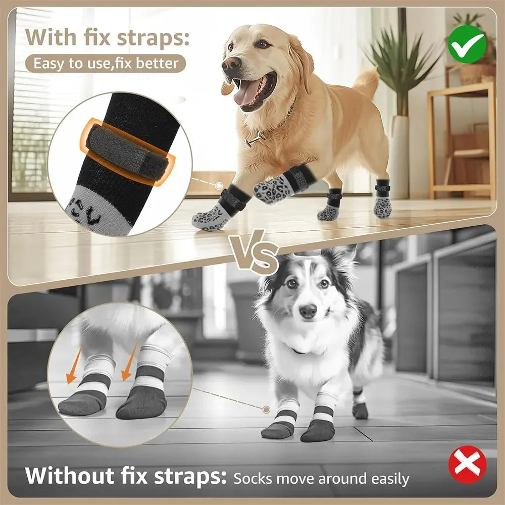 4-Pack Anti-Slip Dog Socks, Prevent Licking and Biting of Hard Wooden Floors, Strong Grip, Paw Protection, Anti-Scratch, Double-