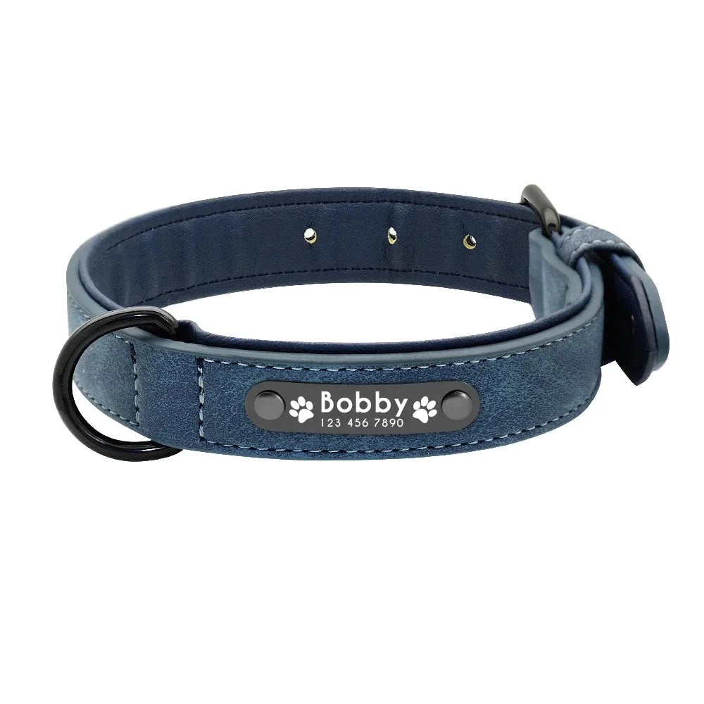 Personalized Leather Dog Collar with Custom Name ID Tag