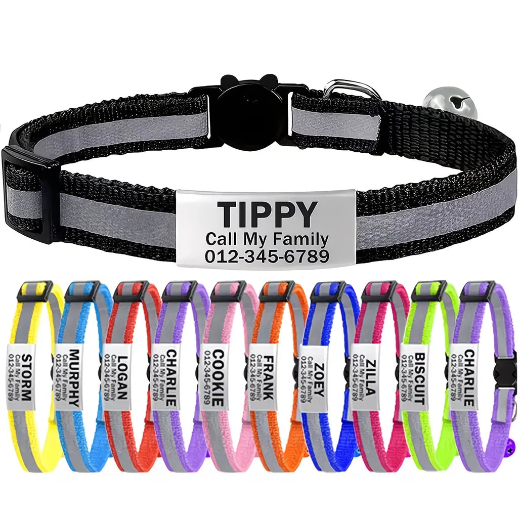 Personalized Free Engraving Reflective Cat Safety Buckle Collar Adjustable Custom ID tag Nylon Puppy Kittens Necklace
