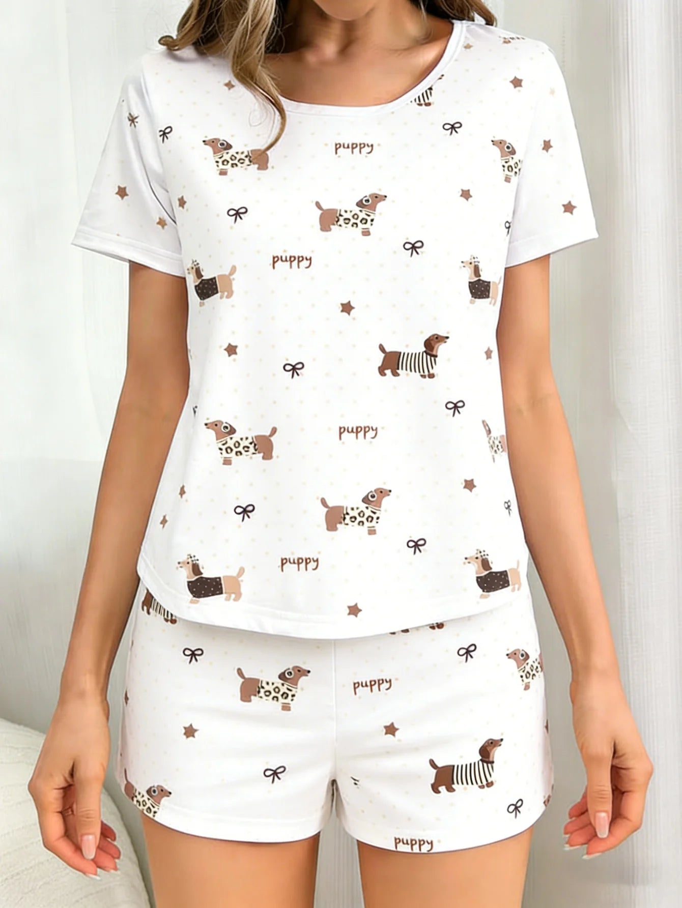 Ladies' Summer Short-Sleeve & Shorts Loungewear Set with Polka-Dot Dachshund Print, Ultra-Soft & Skin-Friendly, Machine Washable