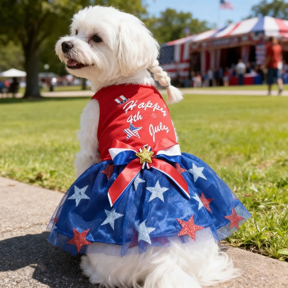 Dog Dress Clothes Pet Mesh Dress Patriotic Independence Day Classic Skirt for Cats Dogs Spring Summer Costume Festival Dress Up
