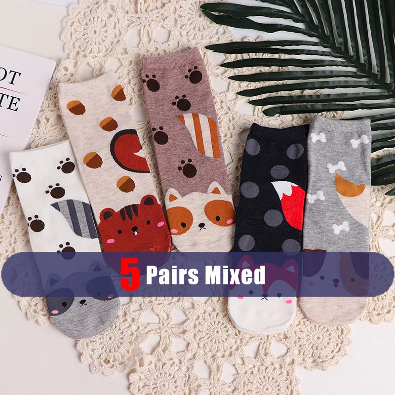 5 Pairs New Cartoon Socks Kawaii Women Cute Animal Patterned Fox Dogs Bear Cat Cotton Socks Student Printed Casual Socks Female