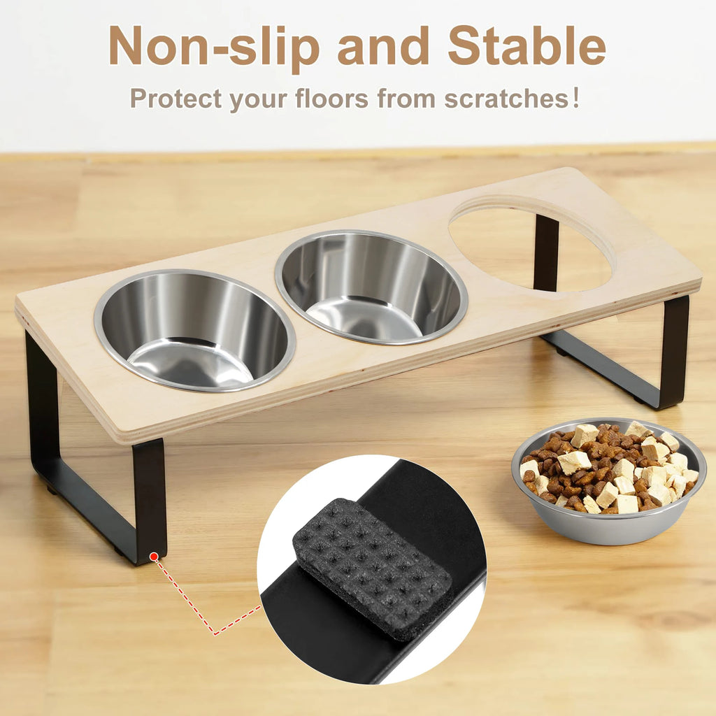 Elevated Cat Bowls Feeder 15° Tilted Raised Feeding & Watering Supplies Pet 3 Stainless Steel Bowls with Stand for Cats Puppies