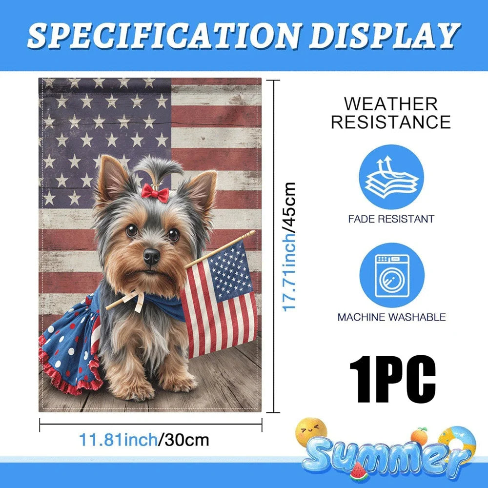 1PC Patriotic Yorkie Dog Garden Flag 4th of July Decor Double Sided Rustic American Stars and Stripes Flag Out